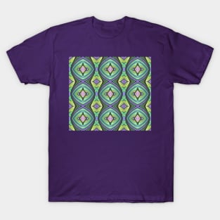 Geometric Green with Pink Diamonds Abstract Art Pattern T-Shirt